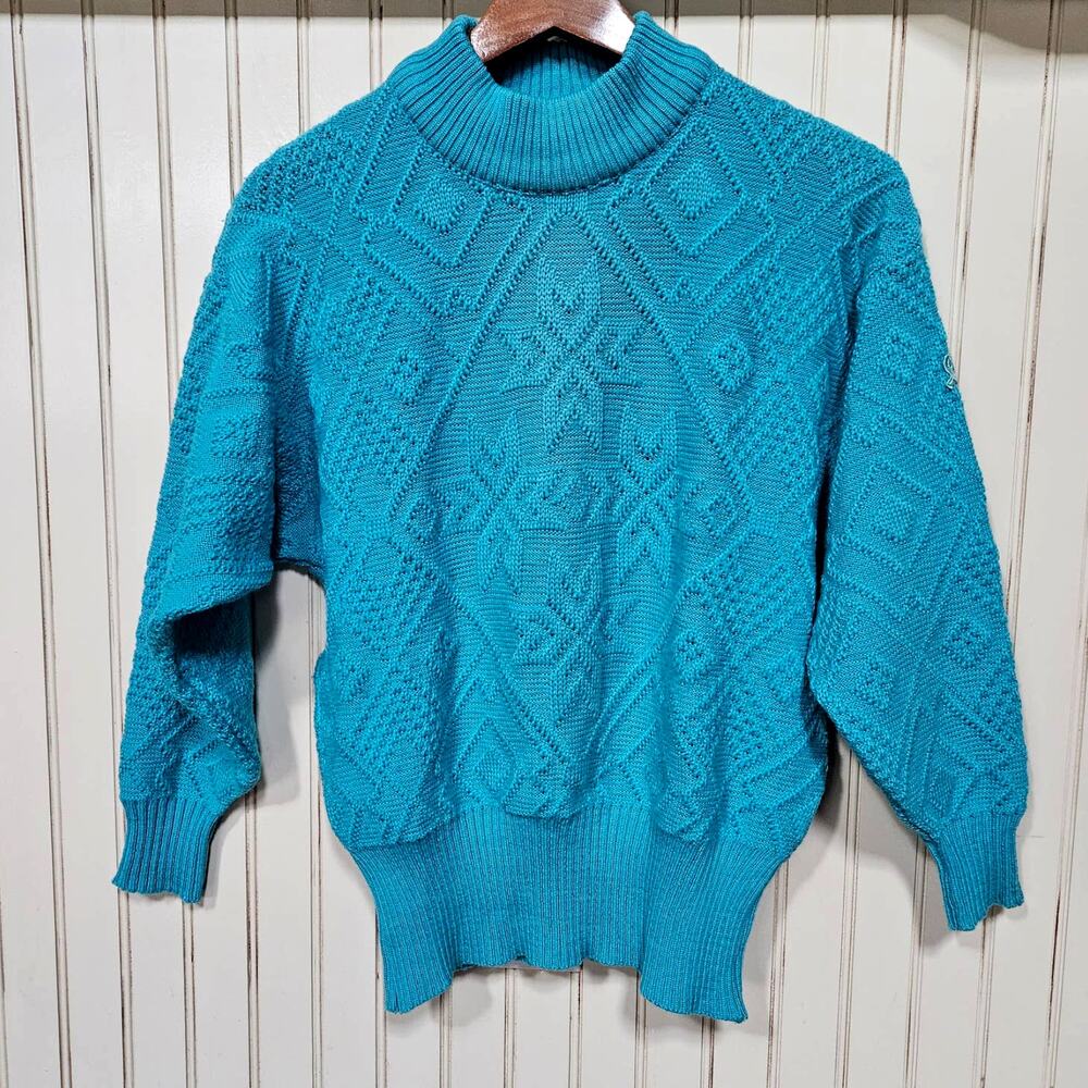 Vintage Demetre Women's Teal Knit Sweater Size M 100% Virgin Wool Mock Neck